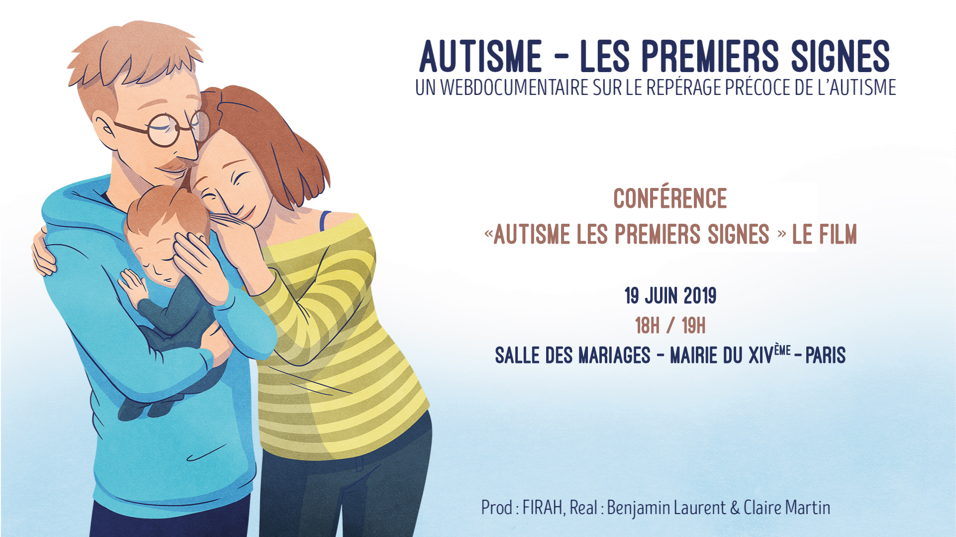 Annonce conference avec illustration d'un couple avec un bébé dans les bras