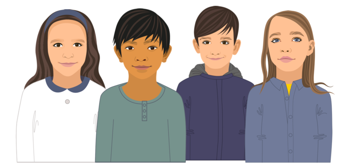 illustration de quarte enfants, deux filles et deux garçons, les uns à côté des autres