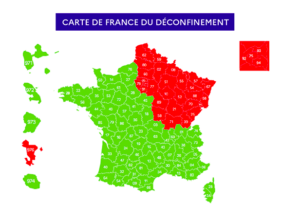 Carte de france de déconfinement avec zones rouges et vertes