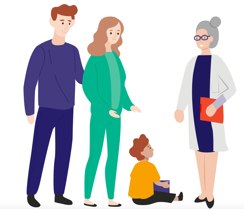 illustration d'une famille avec un tres jeune enfant et d'une professionnelle