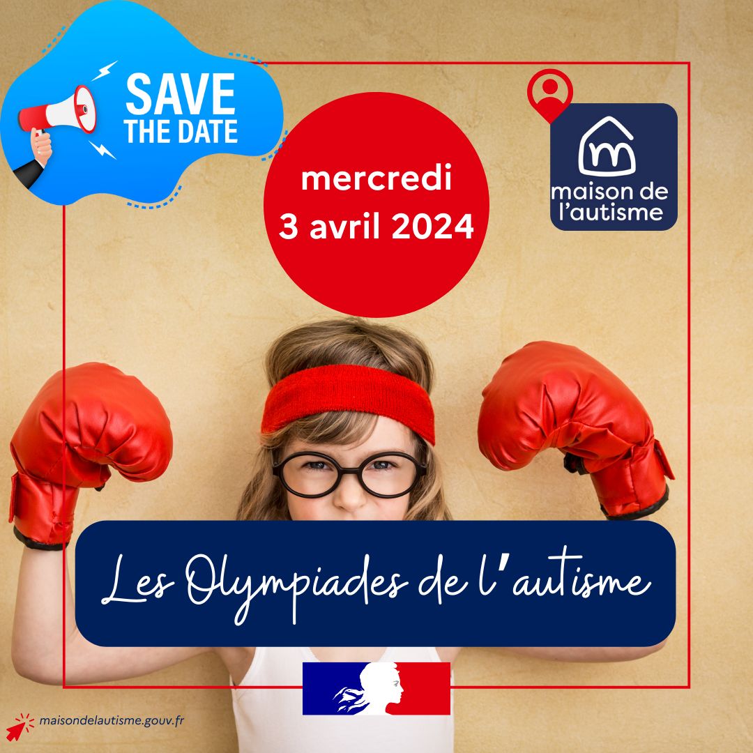 Image d'une petite filkle avec des gants de boxe annoncant les Olympiades de l'autisme le 3 avril 2024 à la Maion de l'autisme à Aubervillers (93)