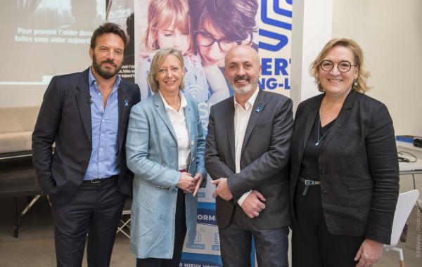 Conférence de presse de lancement d'Autisme Info Service avec de gauche à droite, Samuel Le Bihan, Sophie Cluzel, Florent Chapel et Claire Compagnon