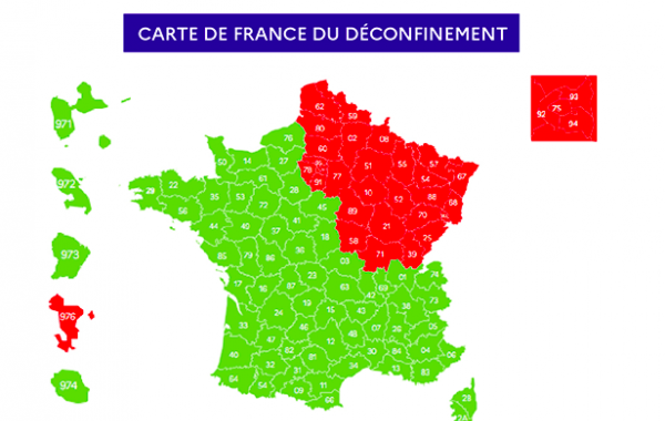 Carte de france de déconfinement avec zones rouges et vertes