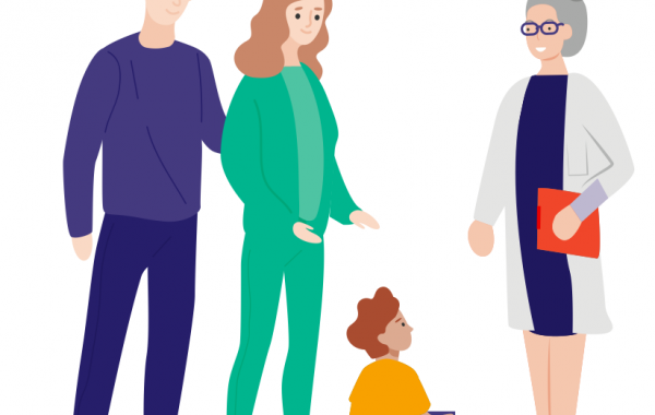 illustration d'une famille avec un tres jeune enfant et d'une professionnelle