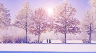 Paysage d'hiver neigeux avec des arbres et deux personnes qui se promenent