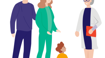 illustration d'une famille avec un tres jeune enfant et d'une professionnelle