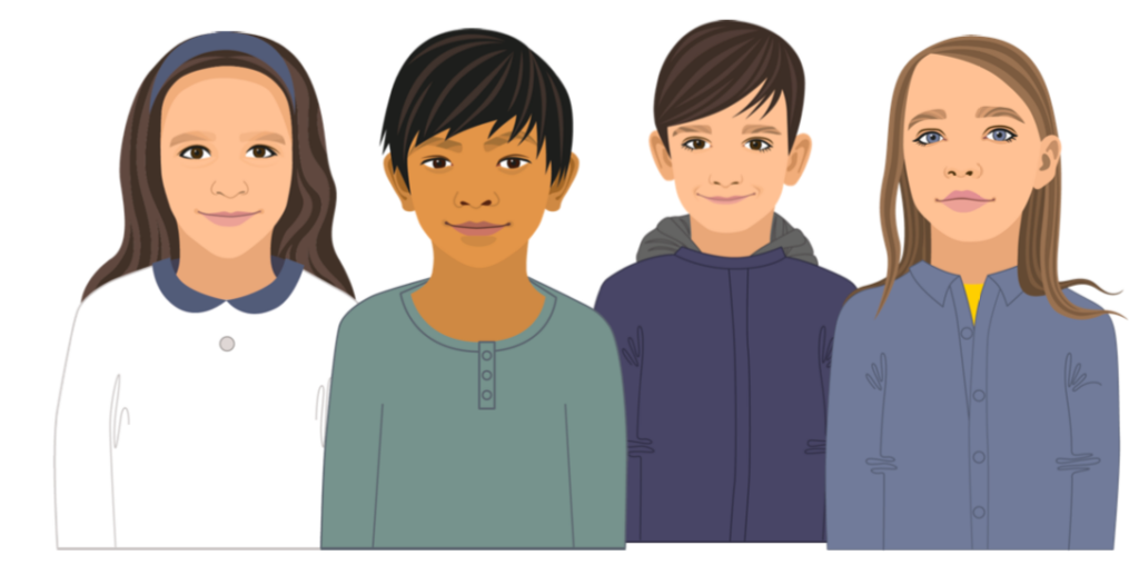 illustration de quatre enfants, deux filles et deux garçons, les uns à côté des autres