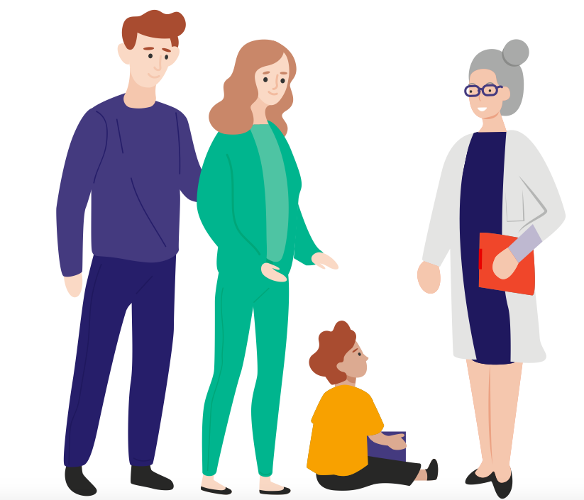 illustration d'une famille avec un très jeune enfant et d'une professionnelle
