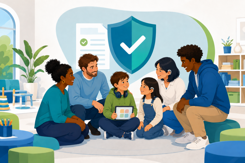 illustration représentant un groupe composé d'adultes et d'enfants avec en fond un écusson représentant une certification